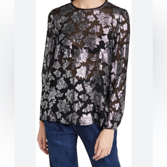 Club Monaco Metallic Pattern Silk Blend Semi Sheer Blouse In Floral Print - XXS - Picture 2 of 16